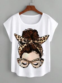 INAWLY 图案印花短袖休闲T恤 图案T恤 女式上衣 - 白色 - 查看 1