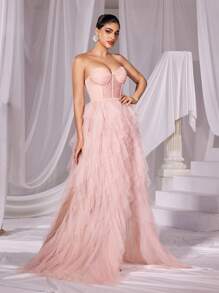 Faeriesty 女士优雅无肩带及地正式礼服，饰有蕾丝细节和多层精致薄纱裙摆——是婚礼、正式晚宴、派对、庆典和夏季度假的理想之选。 - 藕粉色 - 查看 5