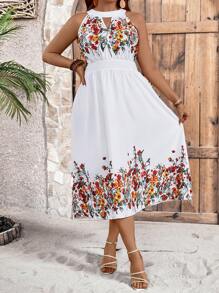 SHEIN LUNE Plus Size Sleeveless Floral Print Dress With Keyhole Neckline - White - View 4