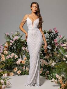 LOVE&LEMONADE Cold Shoulder Mesh Insert Sequin Mermaid Hem Wedding Dress White Elegant Bridal Dress, Bride - White - View 4