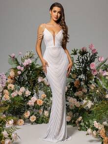 LOVE&LEMONADE Cold Shoulder Mesh Insert Sequin Mermaid Hem Wedding Dress White Elegant Bridal Dress, Bride - White - View 3