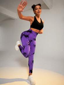 Easithlete Nhuộm buộc Thắt lưng băng rộng Quần Xà cạp thể thao - Màu tím - Xem 3