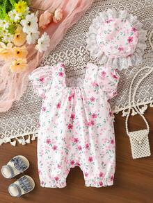 2入組舒適透氣快乾嬰兒女童花卉印花蕾絲裝飾泡泡短袖扣子連洋裝帽,適用於春夏 - 紅白色 - 查看 2