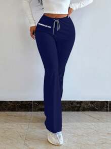 Chiquease Solid Colored Pants With Letter Print Waistband