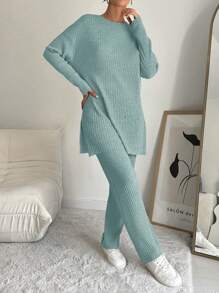 Conjunto De Dos Piezas Para Mujeres De Camiseta De Cuello Redondo De Color Sólido Con Rayas Y Pantalones