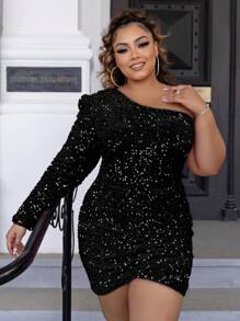 Joyfunear Rochie cu mânecă lungă și paiete pe un umăr, mărime plus, la modă pentru vară - Negru - Vizualizare 5