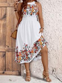 SHEIN LUNE Plus Size Sleeveless Floral Print Dress With Keyhole Neckline - White - View 6