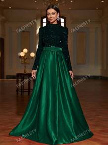Faeriesty Faeriesty Mock Neck Contrast Sequin Satin Formal Dress