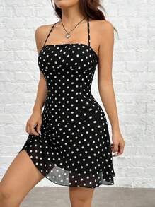 SHEIN EZwear Ladies' Black Polka Dot Halter Neck Dress