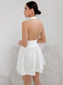 Aloruh Backless Halter Neckline A-Line Dress With Pleated Hem & Cinched Waist - White - View 2