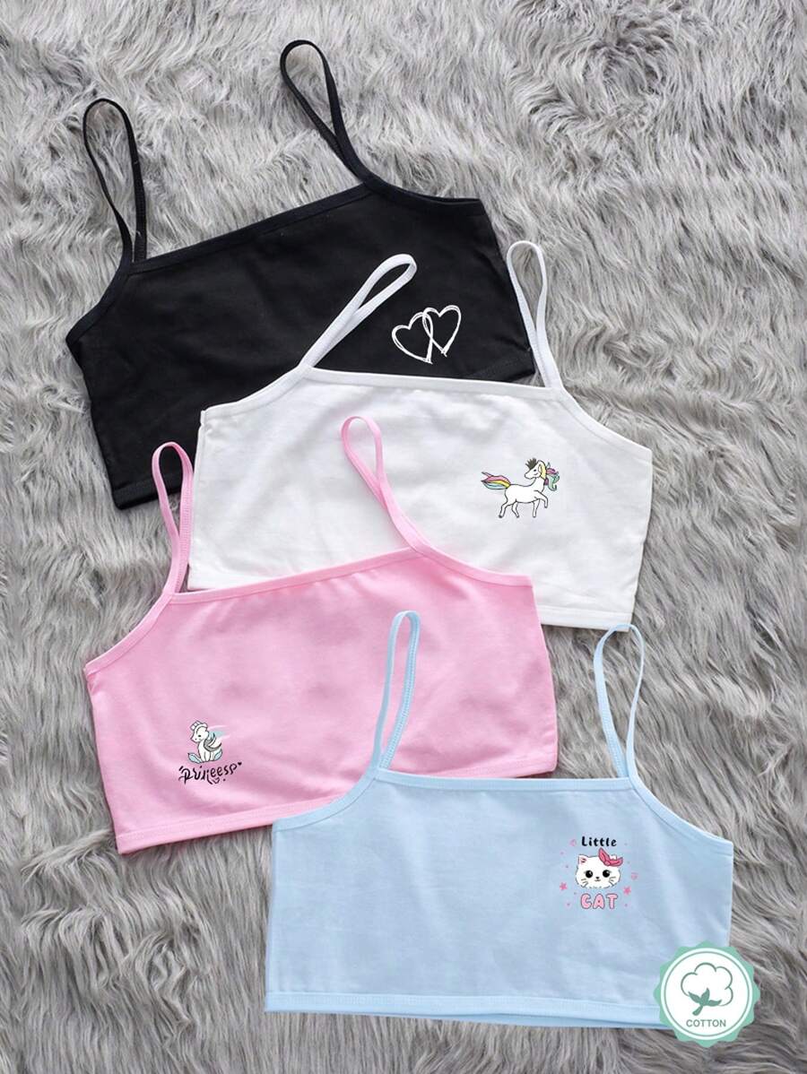 4pcs Tween Girls' Cartoon Cat, Unicorn, Heart Print Comfortable Camisole Underwear Set - Multicolor - View 1
