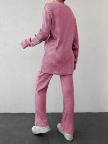 EURMUSE Women's Drop Shoulder Long T-shirt And Long Pants Set - Pink - View 2