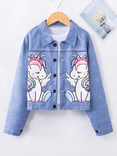 SHEIN Tween Girls' Casual Unicorn Denim Effect Jacket With Printed Pattern