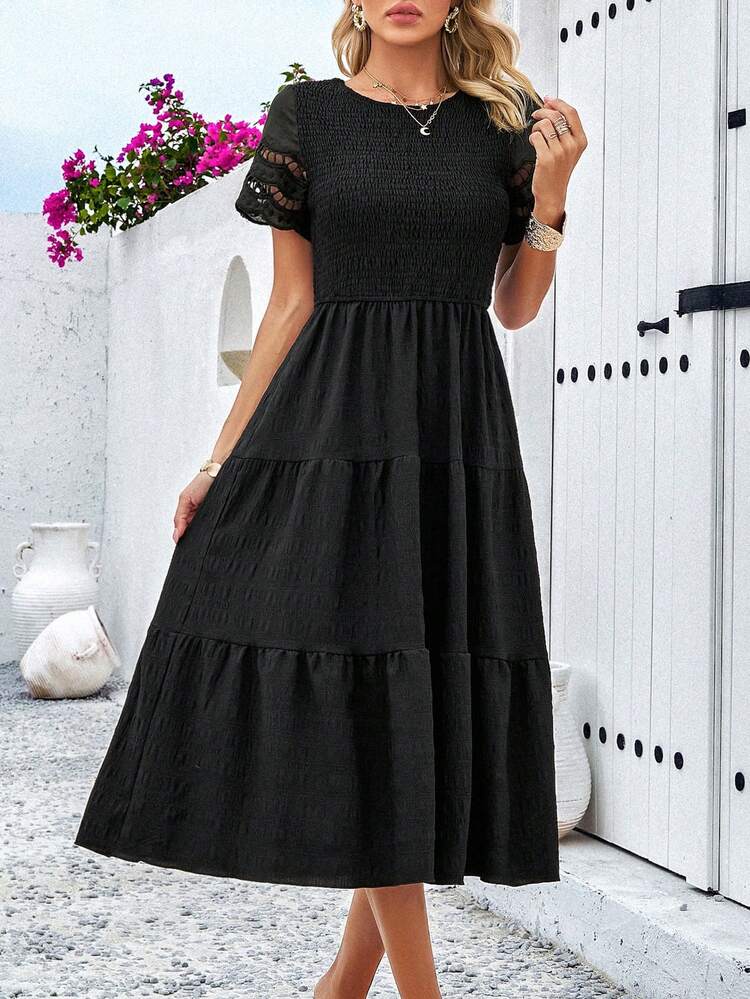 2024 Spring/Summer New Solid Color Embroidery Hollow Out A-Line Dress In Foreign Trade - Black - View 1