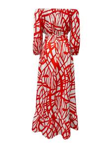 Set de 2 piezas para mujer con top hombros descubiertos rayas abstractas y falda con volantes en el bajo - Multicolor - Ver 2