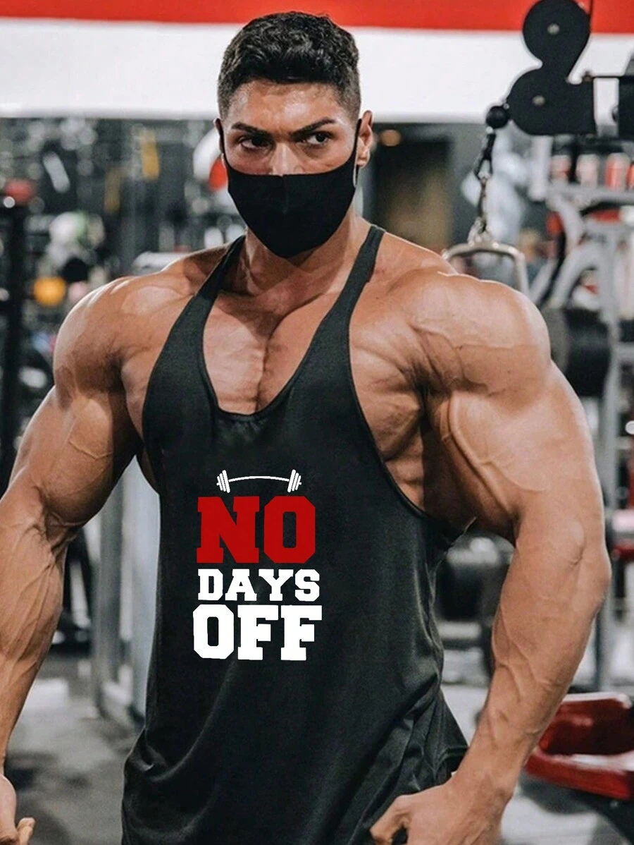 GymBeat 男友风格男士哑铃图案运动背心健身上衣、健身房、图案、工字背心、纯色健身上衣 Mengym 服装 Mengym 服装 Mengym 服装 Mengym 男装 - 黑色 - 查看 1