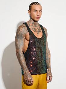 FeverCity 男式針織休閒閃爍大袖口俱樂部派對節日無袖背心,節日主題服飾 - 彩色 - 查看 5