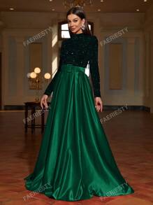 Faeriesty Faeriesty Mock Neck Contrast Sequin Satin Formal Dress