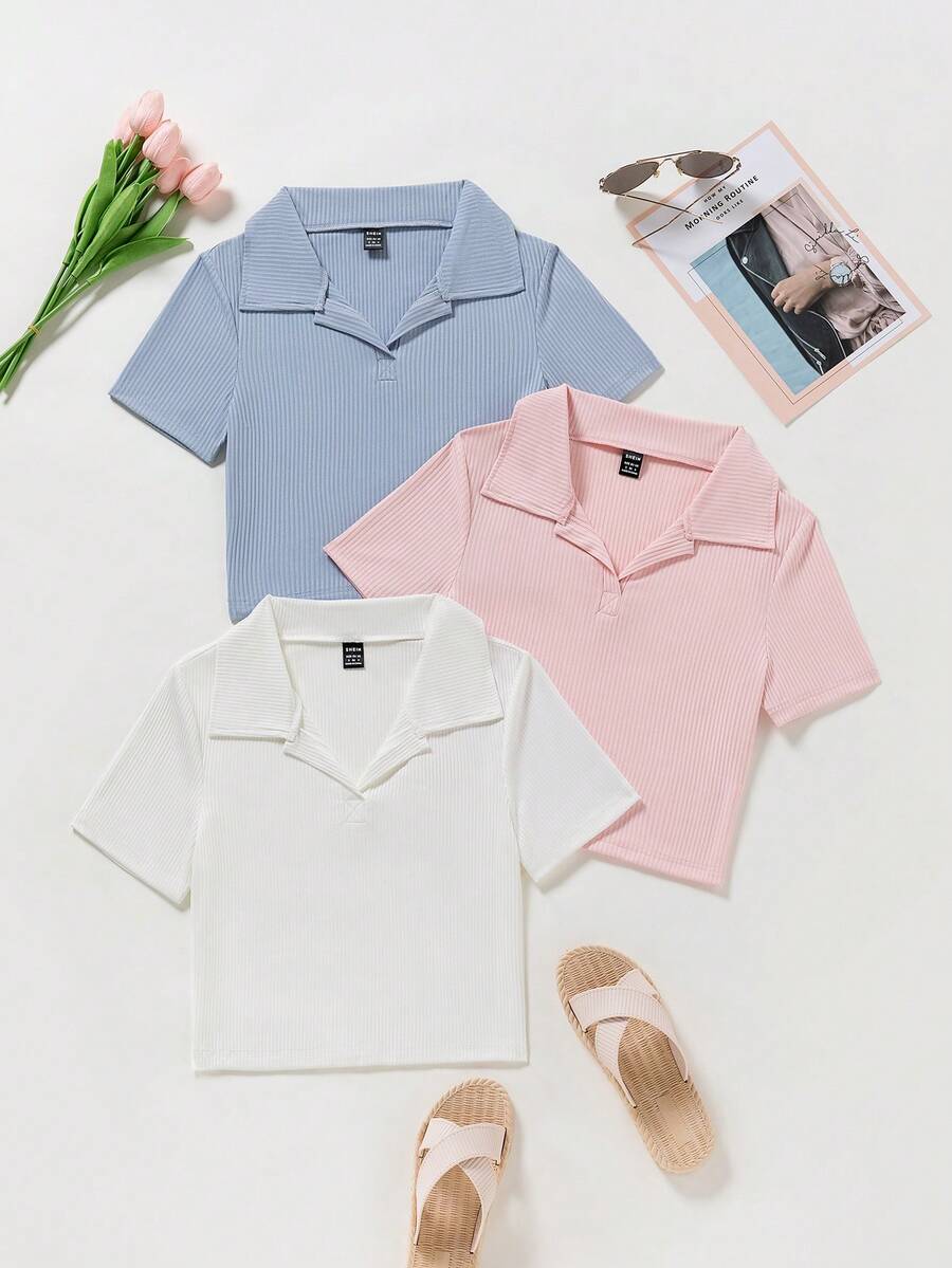 SHEIN Unity 女士純色條紋紋面尖領polo恤 - 彩色 - 查看 1