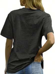 Của phụ nữ Đơn giản In & Chữ cái Mã số Vòng cổ Áo thun - Màu xám đen - Xem 2