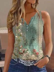 ChicMe Floral Print Sleeveless Tank Top Casual Retro Design Lightweight Summer Top