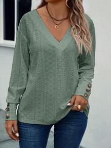 INAWLY Plus Size Effen Kleur Uitgehold Borduurwerk T-shirt