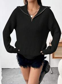 SHEIN Unity Của phụ nữ Màu thuần Dây kéo nửa Cái cổ Giải trí Áo len - màu đen - Xem 6