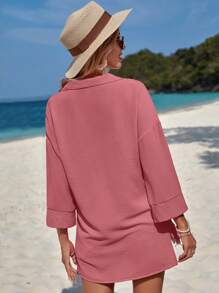 EURMUSE Women's Solid Color Turn-down Collar Long Sleeve Shirt - Pink - View 2