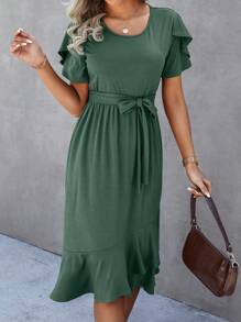 SHEIN LUNE Màu thuần Đầm Với Chồi Và Ruffled Hem - màu xanh lá - Xem 4