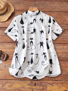 SHEIN Plus Size Cat Print Turn-Down Collar Shirt - Black and White - View 2