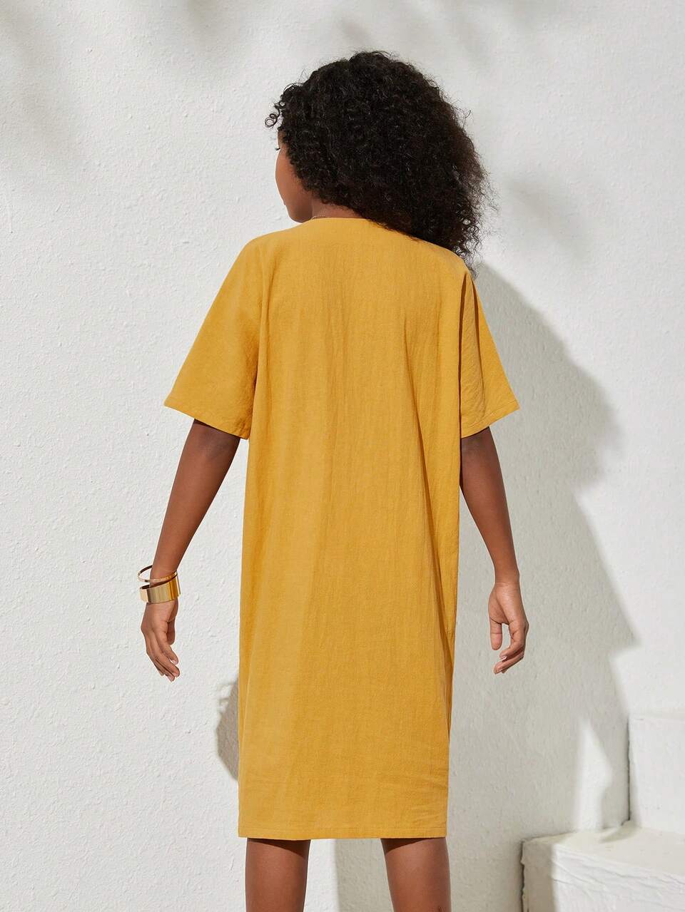 Tween Girls' Daily Casual Short Sleeve V-Neck Dress With Circular Notch For Spring/Summer