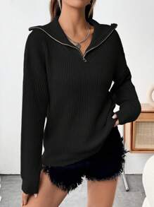 SHEIN Unity Của phụ nữ Màu thuần Dây kéo nửa Cái cổ Giải trí Áo len - màu đen - Xem 1