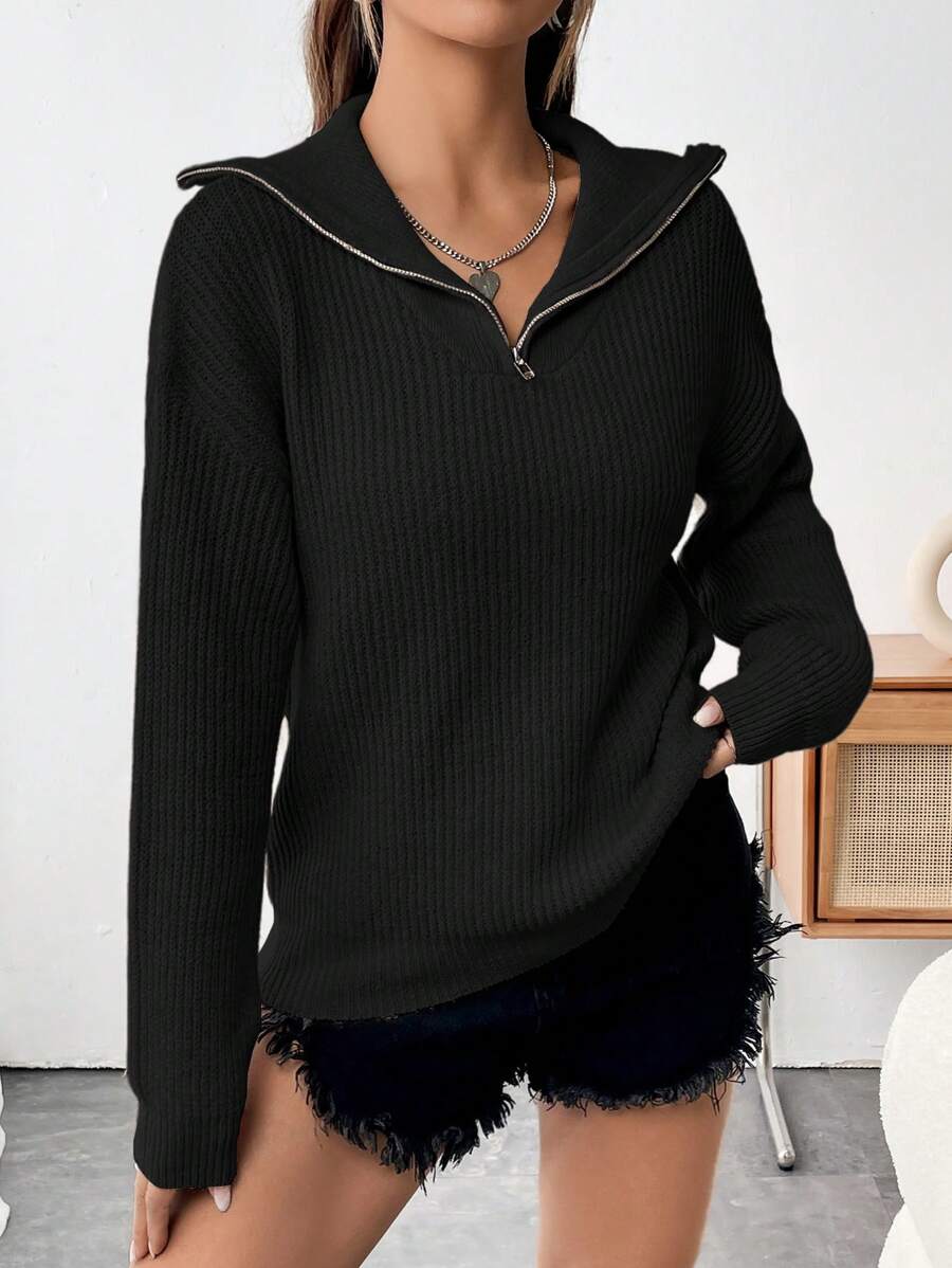 SHEIN Unity Của phụ nữ Màu thuần Dây kéo nửa Cái cổ Giải trí Áo len - màu đen - Xem 1