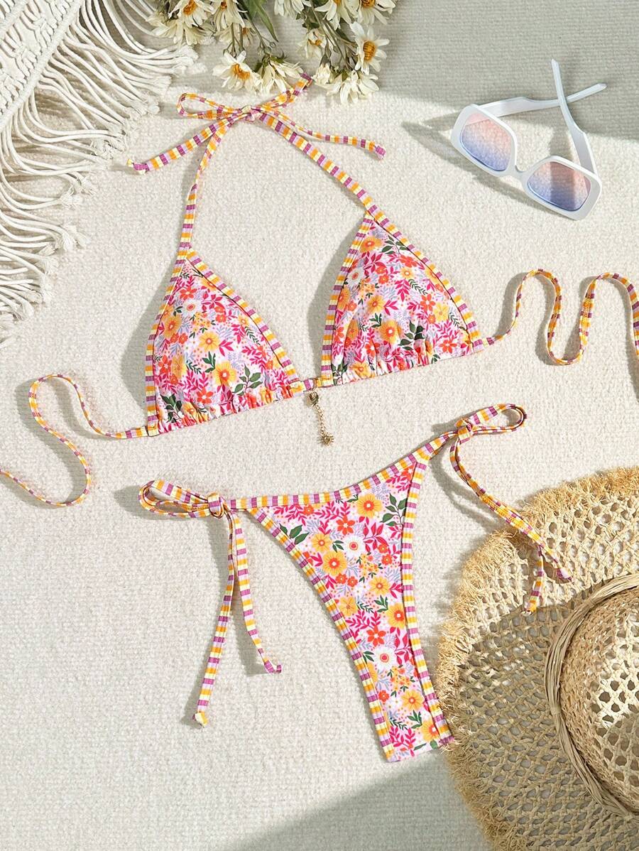 Swim Mod Summer Beach Women's Random Printed Knotted Side Bikini Set - Multicolor - View 1