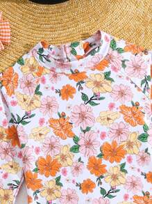 SHEIN Young Girl's Full Flower Print Raglan Long-Sleeved Swimwear With Ruffled Hem Detail