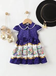 Baby Girl Polka Dot & Flower Printed Dress With Peter Pan Collar And Bubble Sleeves