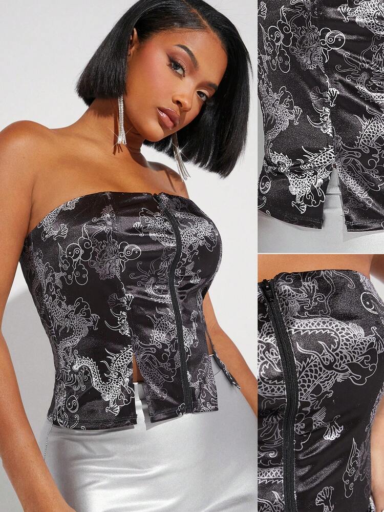Zip Front Dragon Print Tube Top