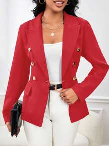 Chiquease Women's Double Breasted Solid Color Suit Jacket For New Year Clothes - Red - View 6