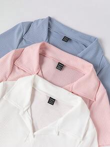 SHEIN Unity 女士純色條紋紋面尖領polo恤 - 彩色 - 查看 4