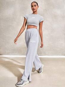 Easithlete Women's Digital Pattern Raglan Sleeve T-Shirt And High Waisted Pants Sportswear Set - Light Grey - View 7