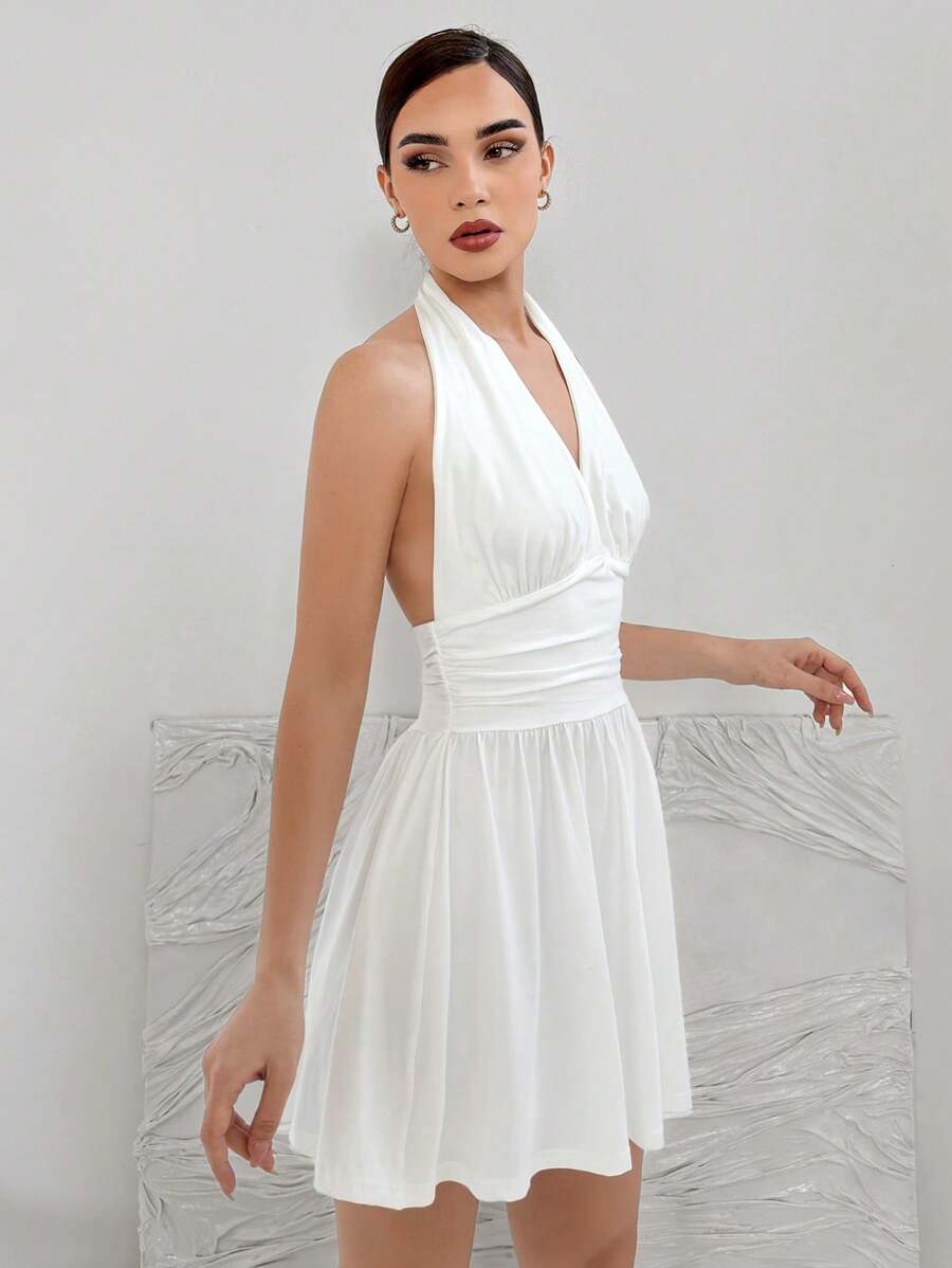 Aloruh Backless Halter Neckline A-Line Dress With Pleated Hem & Cinched Waist - White - View 1
