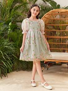 SHEIN Tween meisje Geborduurde bloemen Bubbel Mouw Jurken