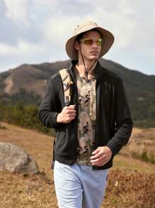 SHEIN In My Nature 男士拉链户外抓绒外套，带帽拉链抓绒夹克，加厚休闲百搭针织外套，适合运动和户外活动，男友风，男士冬季穿搭，男士外套，优质面料，专为户外活动设计，男士必备外套，圣诞礼物，万圣节礼物，秋冬季 - 黑色 - 查看 4