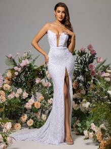 LOVE&LEMONADE Strapless Split White Wedding Dress - White - View 1