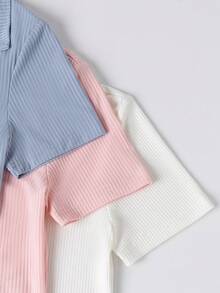 SHEIN Unity 女士純色條紋紋面尖領polo恤 - 彩色 - 查看 5