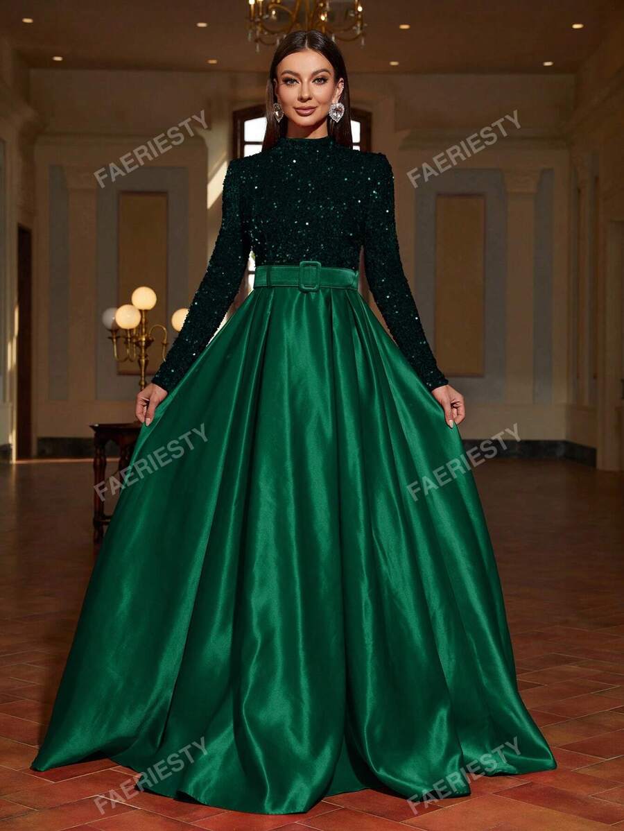 Faeriesty Faeriesty Mock Neck Contrast Sequin Satin Formal Dress