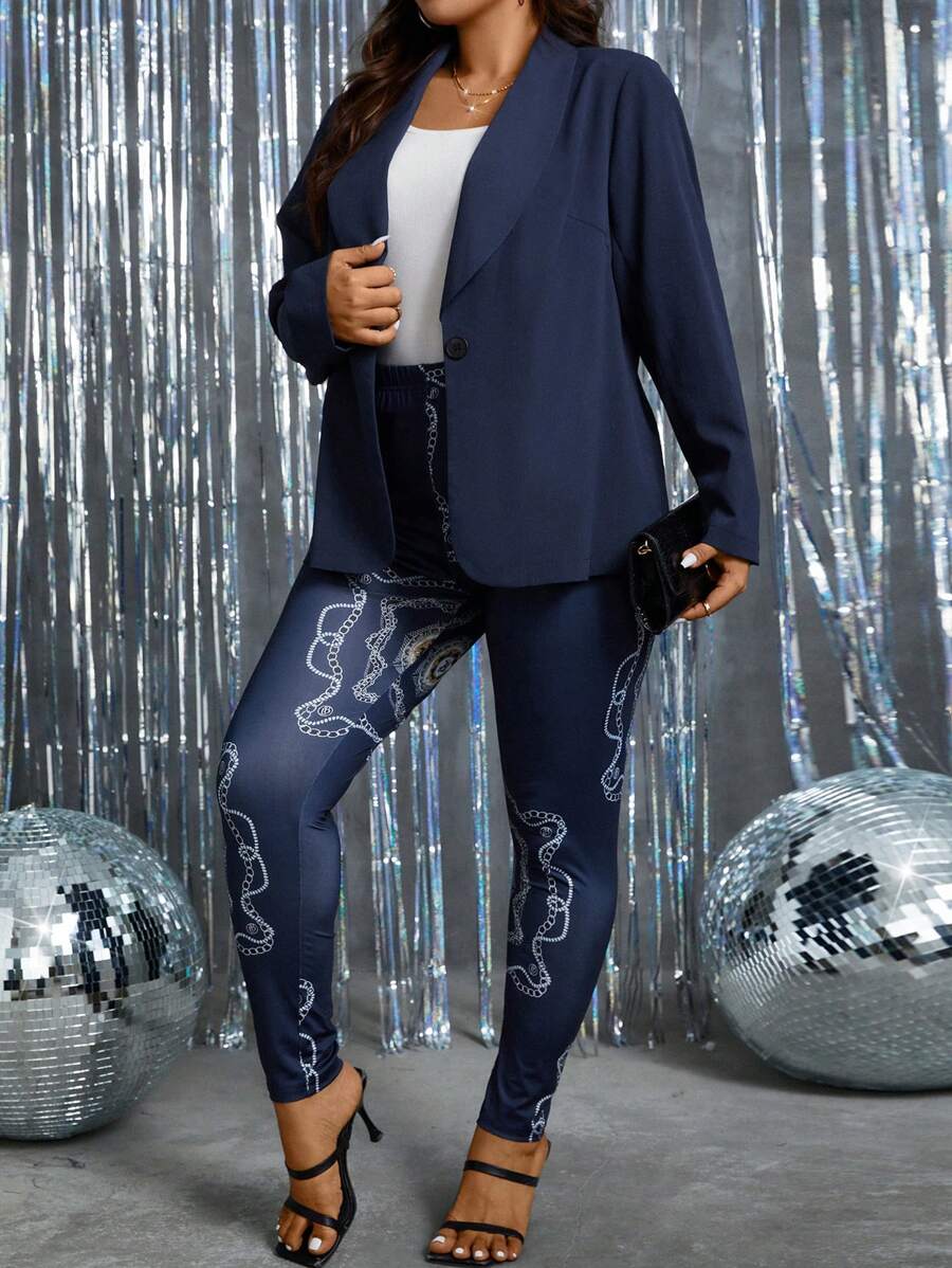 EMERY ROSE Women's Plus Size Shawl Collar Suit Set - Navy Blue - View 1