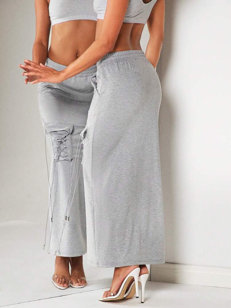 Drawstring Lace Up Flap Pocket Skirt