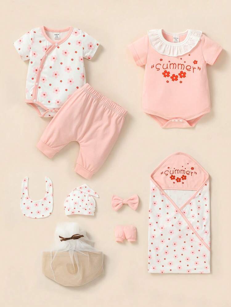 Newborn Baby Girl One-Month Gift Set With Ruffle Collar & Floral Print Short Sleeve Bodysuit& Pants, Multiple Pieces Cute Casual Comfortable Daily Outfits For Spring And Summer