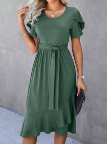 SHEIN LUNE Màu thuần Đầm Với Chồi Và Ruffled Hem - màu xanh lá - Xem 5